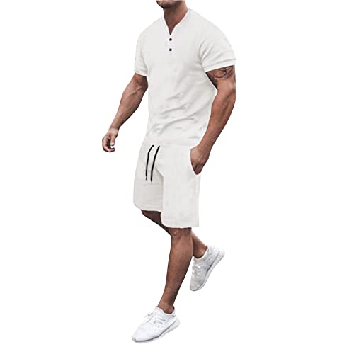 Männlich Sommer Top Shirt Shorts Set 2 Stück Outfits Mode Casual Kurzarm Trainingsanzug Set für Männer Training Herren T-shirt Shorts Set mit Kordelzug Trainingsanzug für Herren Sommer (White, XL)