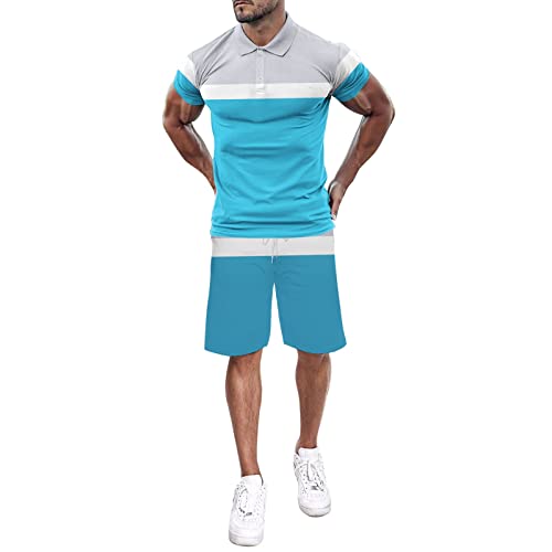 Herrenmode Kurzarm T-Shirt Shorts Set Sommer 2-teiliges Outfit Hemden Transporttasche Jogginganzug Set mit Taschen Baumwolle Hoodies mit Hose Männer Baggy Sportanzug Basic Freizeitanzug (Sky Blue, L)