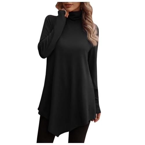 Sommer-Tunika für Damen, einfarbig, Strick, lockere Passform, Laufshirt, modische Langarm-Tunika, 2025, Übergröße, zum Ausgehen, süßes Sport-Rollkragen, Schwarz, Schwarz , 48