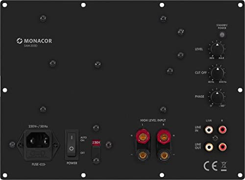 Monacor SAM-300D Aktives Subwoofer-Modul Klasse-D für das Digitale Zeitalter, Einbau-Verstärker in Schwarz mit Lautsprecherschutz