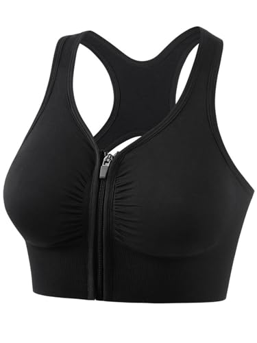 Alleen Damen Sport BH mit Reissverschluss Vorne - Push Up Starker Halt Gepolstert Bustier ohne Bügel für Joggen Yoga Fitness Padded Sports Bra (Schwarz, XXL)