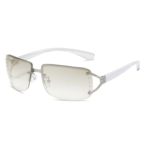 Long Keeper Randlose rechteckige Sonnenbrille für Damen und Herren, Metall, Y2K-Stil, quadratisch, randlos, trendig, Designer-Mode, Schattierungen, UV400-Schutz, Silberfarbener Farbverlauf