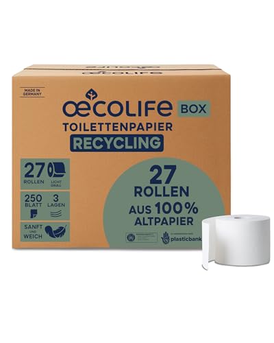 oecolife Toilettenpapier Box RECYCLING, 3-lagig, 27 Rollen x 250 Blatt, Großpackung, superweich, nachhaltiges Klopapier, wc papier ohne Plastikverpackung, wiederverwandbar