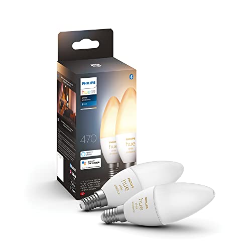 Philips Hue White Ambiance E14 LED Leuchten 2-er Pack (470 lm), dimmbare LED Lampen für das Hue Lichtsystem mit allen Weißtönen, smarte Lichtsteuerung über Sprache und App