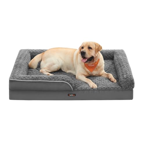 Feandrea Orthopädisches Hundebett für große Hunde, wasserdichtes Hundesofa mit abnehmbarem Plüsch-Bezug, 106 x 81 x 18 cm, schiefergrau PGW253G02