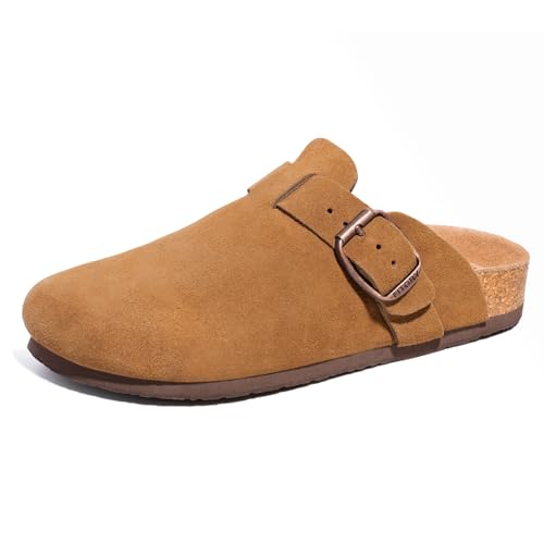 FITORY Herren-Clogs aus Wildleder Bequeme mit Fußgewölbeunterstützung geschlossen Hausschuhe mit Korkfuß Pantoletten Leder,Braun,Größe 47