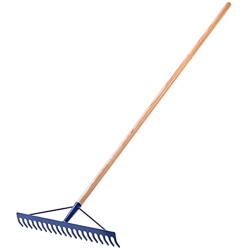 KADAX Rechen, Steinrechen, Gartenrechen aus Stahl, Flache Harke mit verstärktem Kopf, Gartengerät für Sammeln von Steinen (mit Holzstiel)