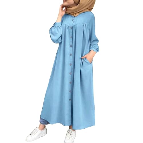 Godom Damen Kleid Muslimisches, Winter Dress Damen Casual Langes Kleid Einfarbiges Kleid Knopf V-Ausschnitt Elegantes Kleid Langarm Großes Swing Kleid Damen Kleid Muslimisches Einteiliges Gebetskleid