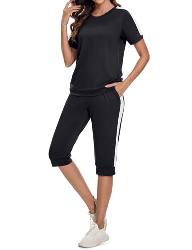 Aottori Zweiteiler Damen Elegant Tracksuit Langarm Rundhalsausschnitt Einfarbig Zweiteiler Outfit Jogger Trainingsanzug Set Sweatshirt Jogginghose Schwarz L