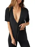 Imily Bela Sportshirt Damen Sexy Tiefer V-Ausschnitt Yoga T-Shirt Sommer Kurzarm Sport Oberteile Loose Fit(Schwarz,M)