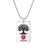AITENME Medizinische Alarm Halskette Quadratkarte Anhängerbaum von Lebens ID Notfall Medizinische Erste Hilfe Mode Edelstahl Custom Gift fü(Diabetiker)
