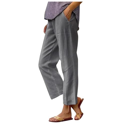 Hosen Damen Frauen Mode Lässig Elastische Taille Einfarbig Hose Mit Tasche Lose Gerade Hosen Elegante Damenhose Sommerhosen für Tägliche Tragen (Grey, XL)