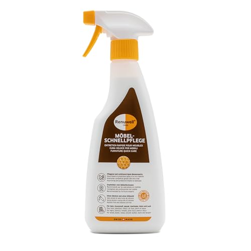 Renuwell Möbel Schnellpflege mit Bienenwachs, 500 ml – Reinigung und Pflege für Möbel und Holzoberflächen, entfernt Staub & Fingerabdrücke, frischt Farben auf, Schweizer Qualität