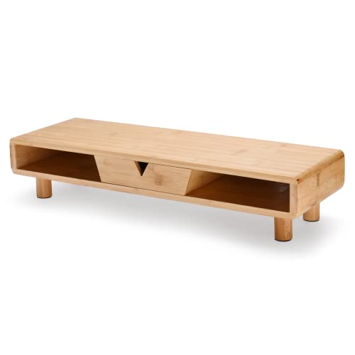 OfficeWorld Range Bambus Monitor Stand Riser mit Schublade - Bambus Monitor Stand Desk Organizer - Holz Schreibtisch Stand Riser für das Halten von Monitoren, Druckern und Laptops - 61 x 20 x 12 cm