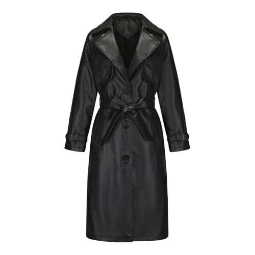 Damen Lederjacke Lange Ledermantel Softshelljacke Mit Gürtel Langarm Revers Winter Warm Fahrradjacke Damen Steppjacke Mit Knöpfen Und Taschen Elegant Vintage Damenjacke