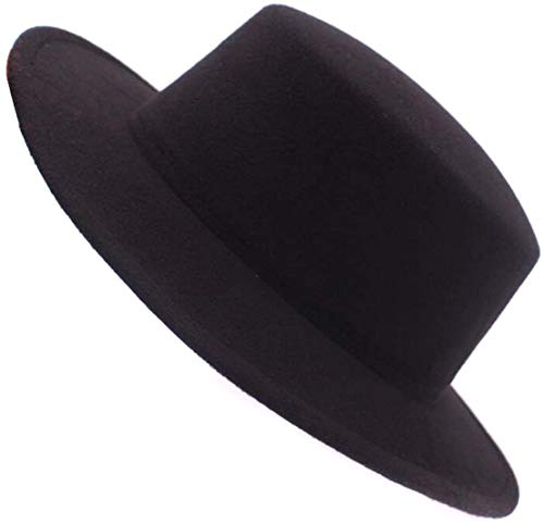 Klassischer Unisex-Fedora-Hut aus Wollmischgewebe, Flache Kirche, Derby-Kappe, breite Krempe, klassischer Pork Pie-Hut, perfekt für Hochzeit, Party, Talentshow, Performance, Schwarz, Schwarz, 22-23