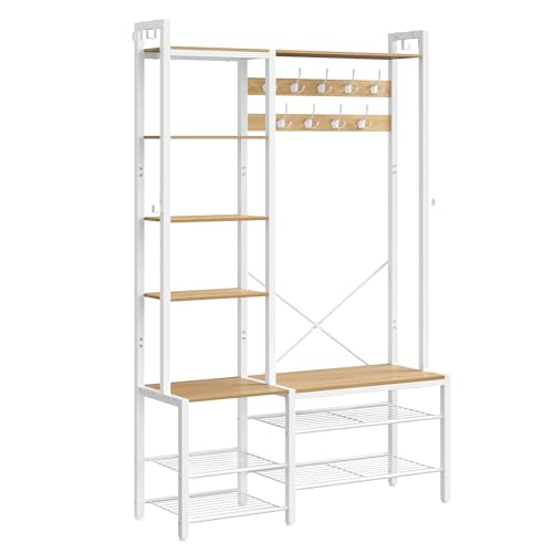 VASAGLE Garderobenständer mit Schuhbank, Garderobe, 5 Regalebenen aus Spanplatten, 9 Dreifach-Haken, 6 seitliche Haken, 40 x 120 x 190 cm, goldeichenfarben-wolkenweiß HSR426Y01