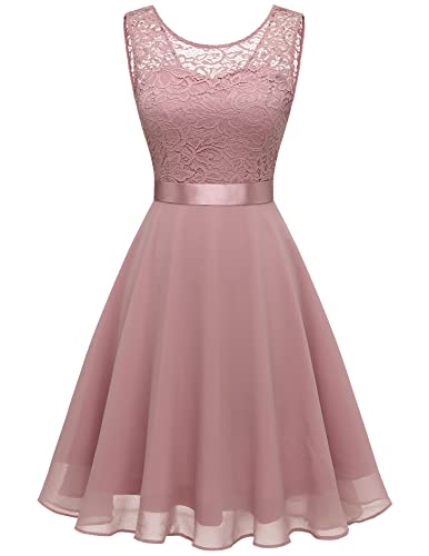 Berylove Damen Spitzenkleid Brautjungfer Elegant Party Knielang Cocktailkleid Chiffon Ärmellos BLP7005B-BlushL