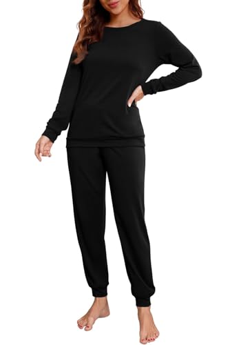 PrinStory Schlafanzug Damen Lang Pyjama Set Nachtwäsche Loungewear Rundhals Schlafanzugoberteile Und Schlafhosen Mit Taschen (Schwarz, M)