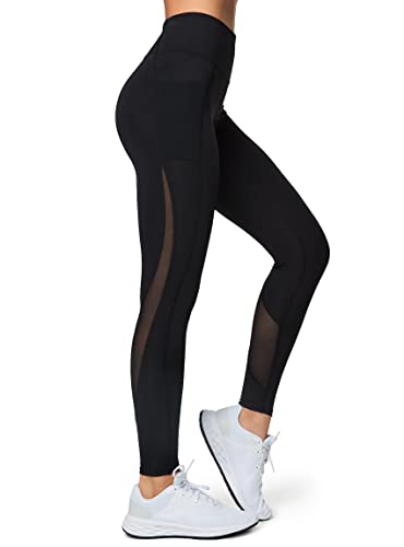 Yvette Damen Sport Leggings mit Mesh Tasche, high Waist Sporthose Streetwear Sportleggings, Schwarz, 5XL