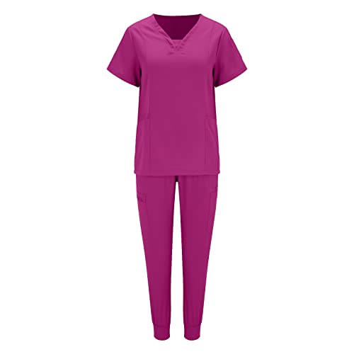 Einfarbiges Damen-T-Shirt mit Tasche und V-Ausschnitt, einfarbig, Damen, Neuer Sportklinik-Overall Leggins Sporthose Damen (Hot Pink-2, L)