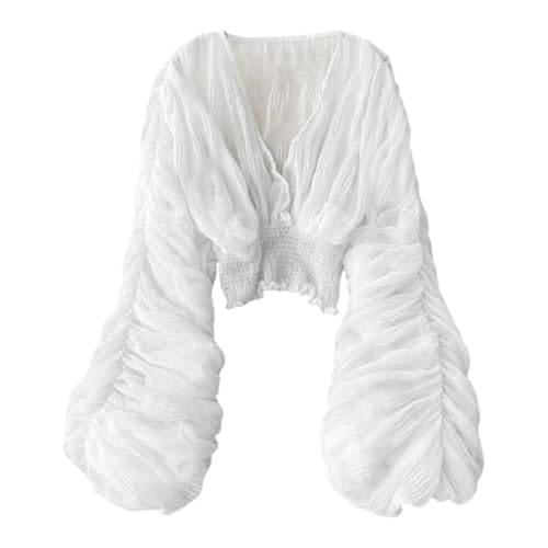 2025 Oberteile mit Glockenärmeln für Damen Elegante Oberteile für den Abend Spitzenblusen für Damen Albanische Trikot (White, One Size)