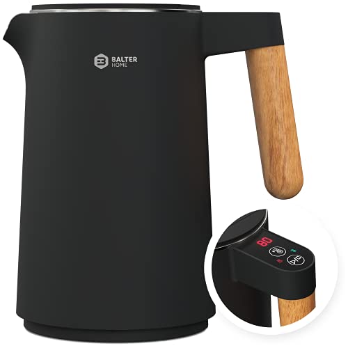 BALTER Edelstahl Wasserkocher mit Temperatureinstellung, 45°C-100°C, Doppelwand, BPA frei, leise & kabellos, Warmhaltefunktion, Teekocher mit Temperaturanzeige, 1.5L, 2200W, Schwarz (Black)