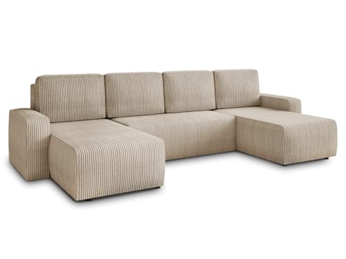 Wohnlandschaft mit Schlaffunktion Roma - U-Form Couch, Schlafsofa mit Bettkasten, Couchgranitur mit Bettfunktion, Big Sofa, Cord Stoff (Beige (Poso 100))