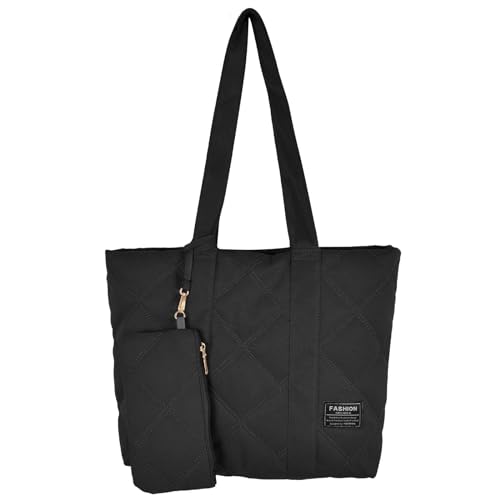 SAVOSWEET Henkeltaschen Damen Groß, Tote Bag Shopper Schwarz, Handtasche Stoff Gesteppt, Schultertasche mit Reißverschluss Innentasche und Geldbörse, Tasche für Büro Arbeit Einkaufen