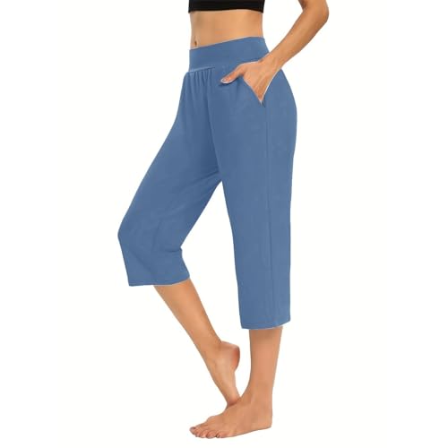 Jogginghose Damen 7/8 Länge Damen Cropped Pants Sommer Casual Pants mit Taschen Damen Casual Pants Unifarbene Einfache Lockere Dehnbare Taschen Athleisure-Hosen Jeggings Damen Stretch (Light Blue, L)