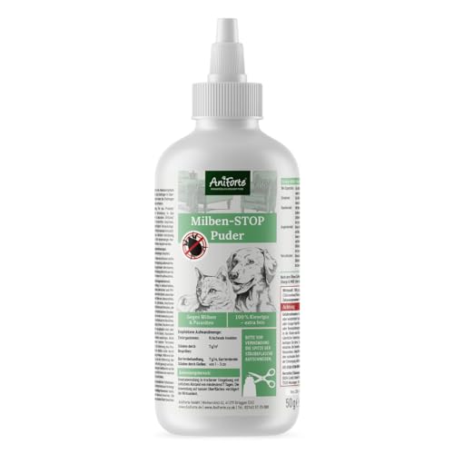 AniForte Milben-Stop Puder für Hunde, Katzen & Kleinitere 50 g - Effektive Abwehr, Diatomeenerde & Kieselgur gegen Insekten, Parasiten & Ungeziefer, Milbenpuder ohne Chemie