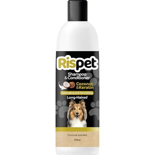 RISPET Shampoo und Spülung, Kokosnuss und Keratin, Reinigungs- und Desinfektionsmittel für Hunde und langhaarige Tiere, Zarte Formel ohne Allergene und ausgeglichener pH-Wert, Kokosnussduft, 370 ml