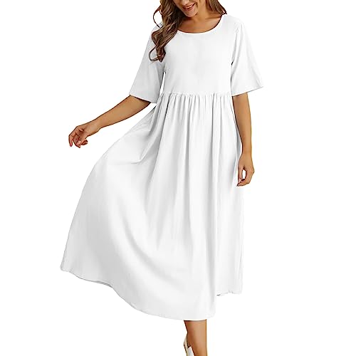 QWUVEDS Lockeres Midikleid Baumwolle Leinen mit Rundhalsausschnitt Fünf-Punkt-Ärmeln. Großes Maxikleid Damen Kleider Elegant Sexy (White, S)