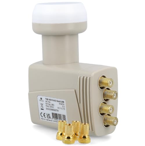 [ Test SEHR GUT *] TRIAX TQD 404 Gold Quad LNB mit PLL Technologie, 4fach digital HD 4K LNB für 4 Teilnehmer (Sat Receiver, TV) für Satellitenschüssel Satelliten Sat Antenne + 4X Anadol F-Stecker