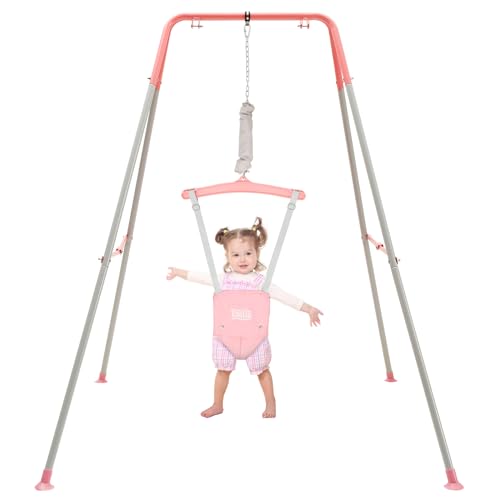 FUNLIO Baby Türhopser mit Ständer für 6–24 Monate, Baby Hüpfschaukel mit Gestell für Drinnen und Draußen, Tür Schaukel/Hängeschaukel für Kleinkinder mit Verstellbarer Kette, einfach zu Montieren, Rosa