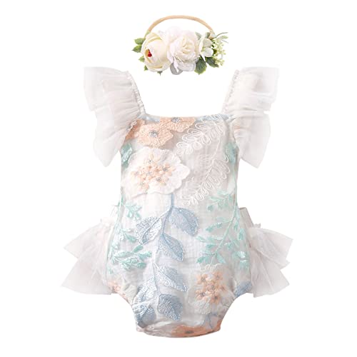 Neugeborenes Baby Mädchen Spitzen Strampler Blumen Stickerei Rüschen Ärmellos Body Einteiler Prinzessin Bodysuit Tütü Tüll Kleid mit Stirnband Fotoshooting Kostüme Sommer Bekleidungsset Weiß 3-6M