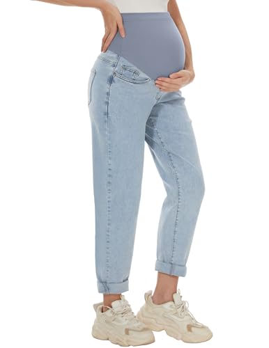 AVOG Umstands-Boyfriend-Jeans, hohe Taille, dehnbar, Denim, Schwangerschaftshose mit 4 Taschen, Hell, blau, M