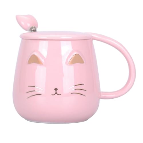 Daehun Katzen-Tasse, Niedliche Keramik Kaffeetasse mit schönem Kätzchen, mit Katzenpfotenlöffel, Lustige Morgen-Tasse, Tee, Milch, Weihnachts-Tasse, 400ml（Rosa）