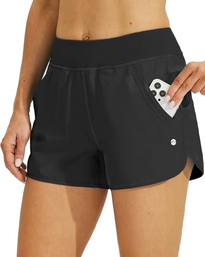 WILLIT Damen 3" Badeshorts Badehose Schwimmen Boardshorts mit Kurzliner Taschen Schnelltrockner UV Schutz Schwarz S