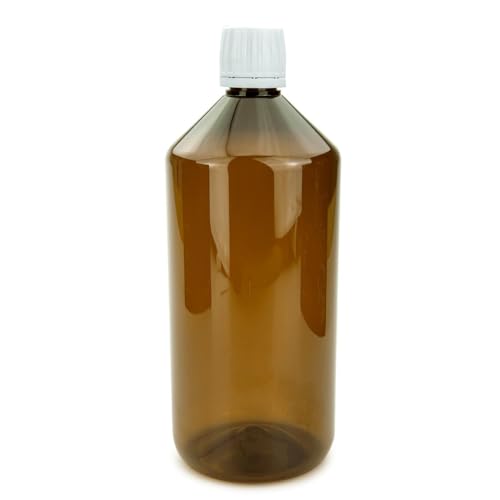 POPY RAW 1 Liter PET-Veralflasche Leerflasche aus braunem Kunststoff inkl. weißem Deckel und Schraubverschluss 28 ROPP. Pharmaqualität, Lebensmittelecht, Laborflasche, Apothekerflasche