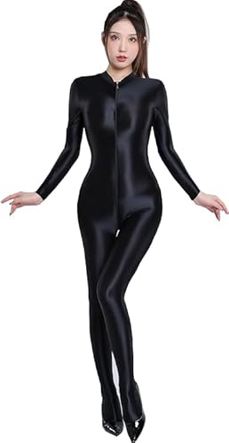 Yaaapiy Damen Ganzkörperanzug Yoga Jumpsuit Einteiler Hose Overall Halb-transparent Body Bodysuit eng sexy Kostüm Catsuit mit Reisverschluss Dessous Unterwäsche (schwarz 1)