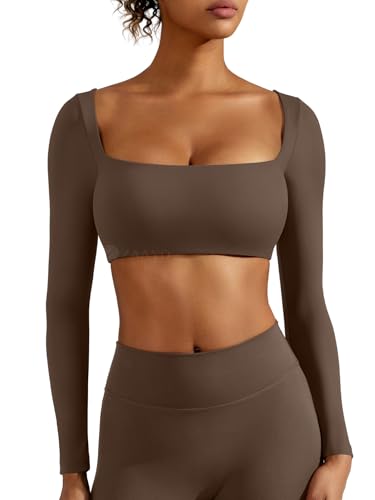 ZAAYO Langarm Crop Top Damen Langarm Gym Top Sport Oberteil Mit Eingebautem BH Basic Langarmshirt Damen Longsleeve Shirt mit Quadratischem Ausschnitt Coffee S