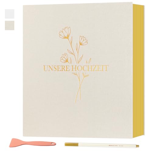 Lanpn Selbstklebendes Hochzeitsalbum Einkleben Fotobuch, Leinen Groß Weiße Seiten Hochzeit Fotoalbum zum Selbstgestalten mit Stift 10x15 13x18 Fotos Bilder (Große,40 Blatt/80 Seiten,Beige)