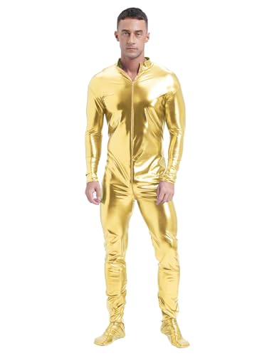 iEFiEL Herren Overall Metallic Ganzkörperanzug Langarm Body Silber Kostüm Sportlich Bodysuit Einteiler Gymnastikanzug Gold M