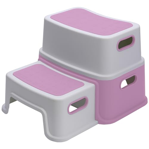 AVAKKER Tritthocker Kinder 2 Stufen, Zweistufiger Kinderhocker für Badezimmer Waschbecken Toilette Küche, Stabil und rutschfest(Rosa-weiß)