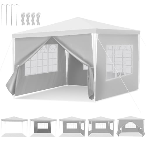 Peviasot 3x3m Pavillon, Garten Pavillon, Partyzelt, Wasserdicht Gartenzelt mit Seitenteilen und Fenstern, Sonnenschutz Festzelt, Außenzelt für Partys, Camping, Festivals, Weiß