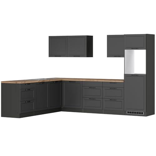 Lomadox Winkelküche Küche Einbauküche Küchenzeile L-Form 300/240 cm in grau, Arbeitsplatte in Eiche