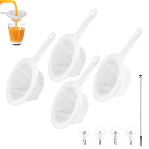 Deepton 4 Stück Sieb Fein, Feines Sieb Küche Mit Griff, 400/300/200/100 Mesh Haarsieb Küche Mit 4 Haken und 1 Rührstab, Küchensieb Kunststoff, Plastiksieb Kefir, Passiersieb für Saft, Milch, Kaffee