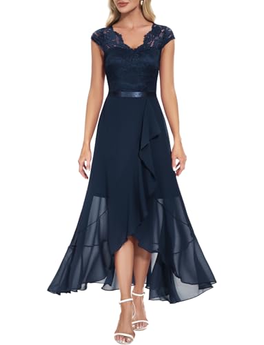 Bbonlinedress BBONL INEDRESS Abendkleid elegant für Hochzeit Spitzenkleid Chiffon Kleid Brautkleid Party Abschlusskleid lang Sommer Ballkleid Navy XL-1