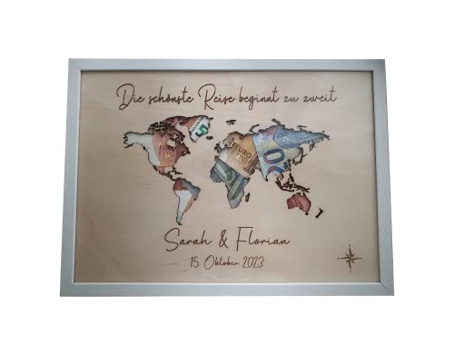 Hochzeitsgeschenk personalisiert | Urlaubsgeschenk | Geldgeschenk Hochzeit | Weltkarte personalisiert | Geschenk Hochzeit | personalisiertes Hochzeitsgeschenk | Geschenk Flitterwochen (Größe 30x20 cm)